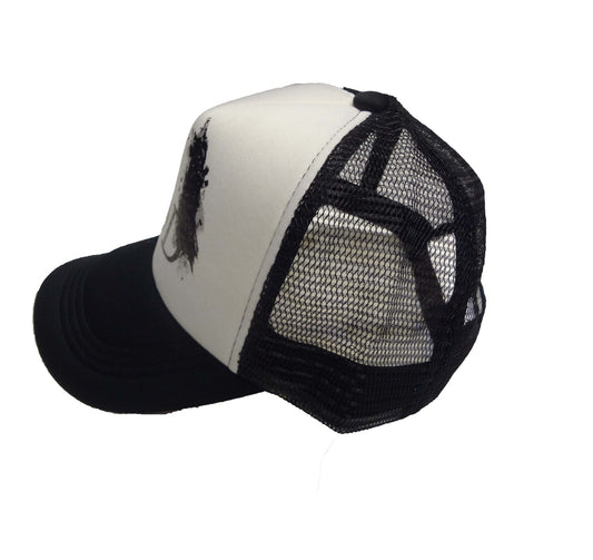 God-Shit mesh trucker hat designed by Sol Friedman side profile