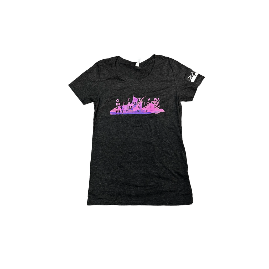 OIAF 2014 women's charcoal t-shirt designed by David O'Reilly