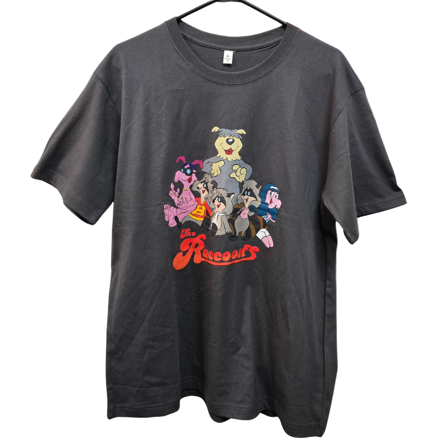 Gray t-shirt with cartoon characters from The Raccoons animated series sitting atop the logo. The shirt is perched on a hanger