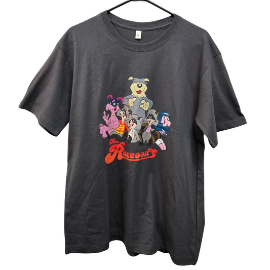 Gray t-shirt with cartoon characters from The Raccoons animated series sitting atop the logo. The shirt is perched on a hanger